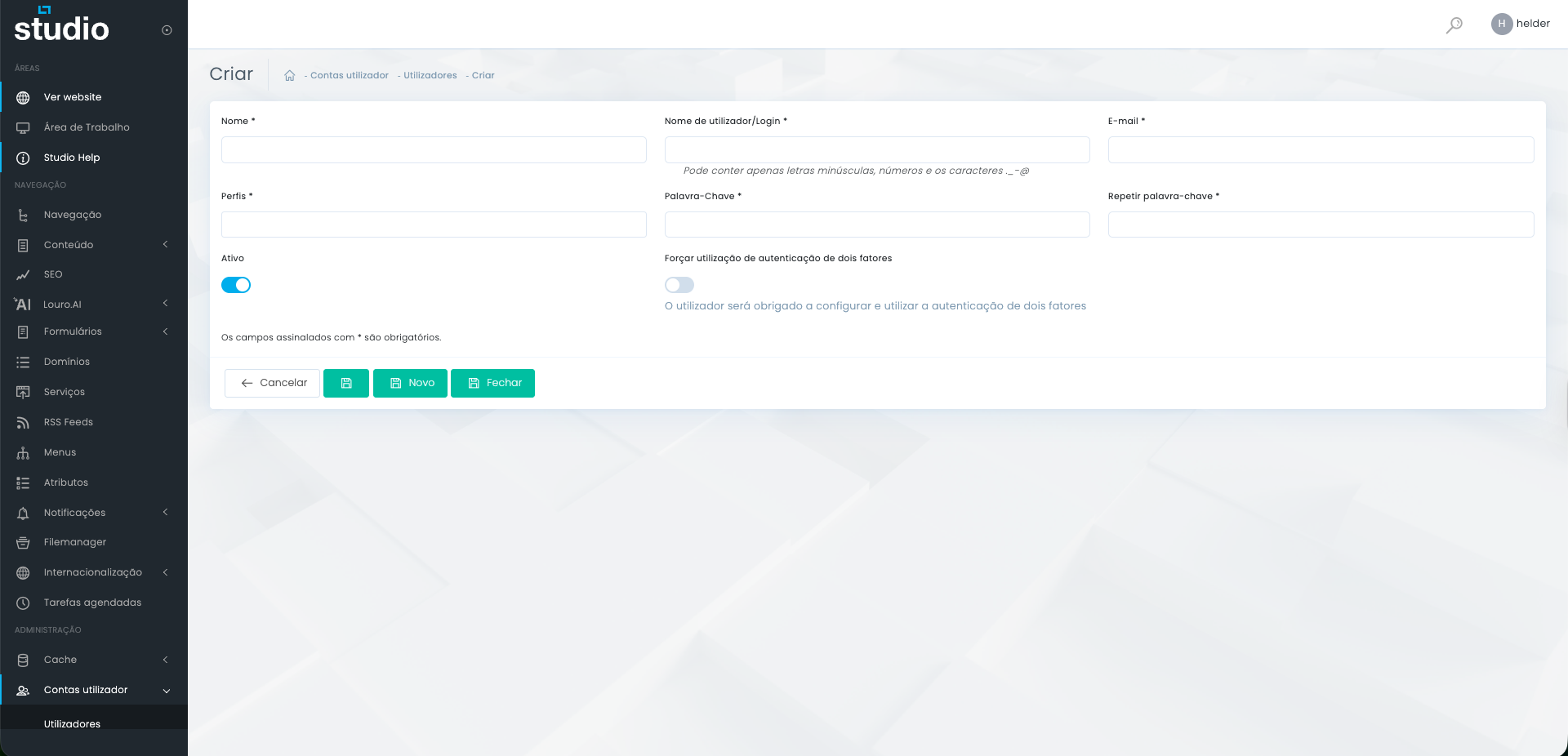 Criação de novo utilizador no Studio CMS